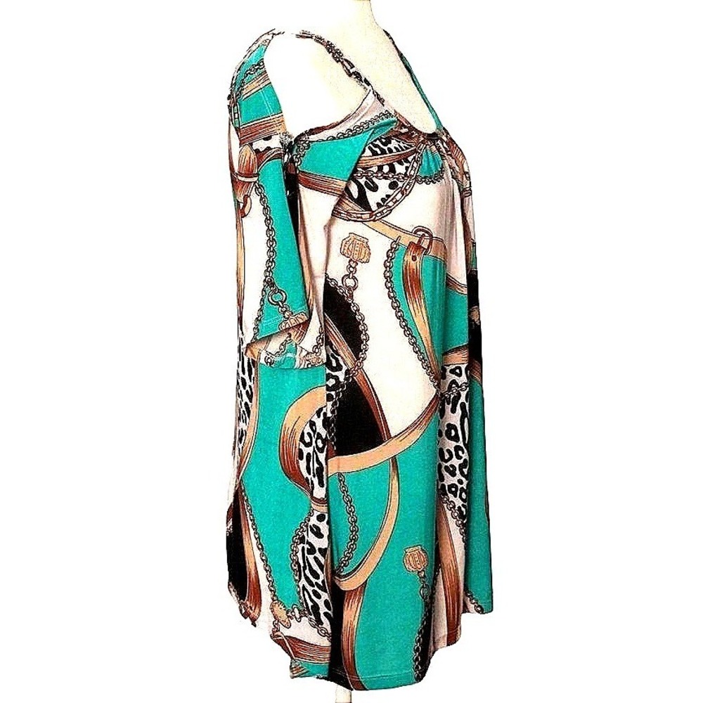 Glam Don't Miss‎ Out Scarf Print Cold Shoulder Top Women M Teal Leopard Chain - Picture 10 of 10